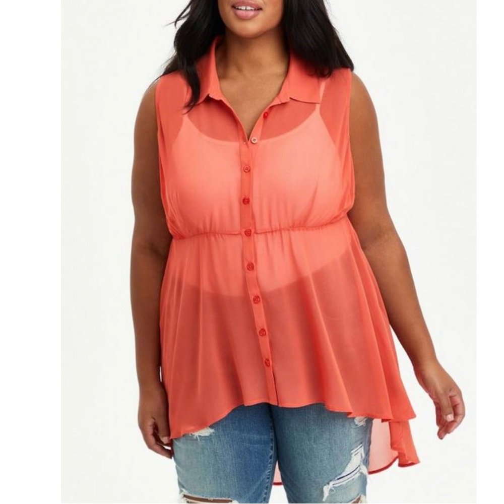 Torrid Orange Sheer Button Front Babydoll Sheet Chiffon‎ Sleeveless Tunic 2X